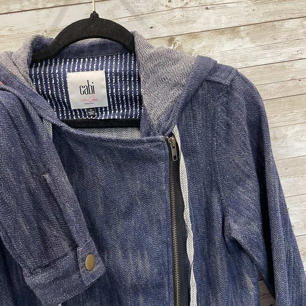 Cabi Womens XS Jacket #5100 Hooded Adventure Anorak Indigo Blue Asymmetrical Zip